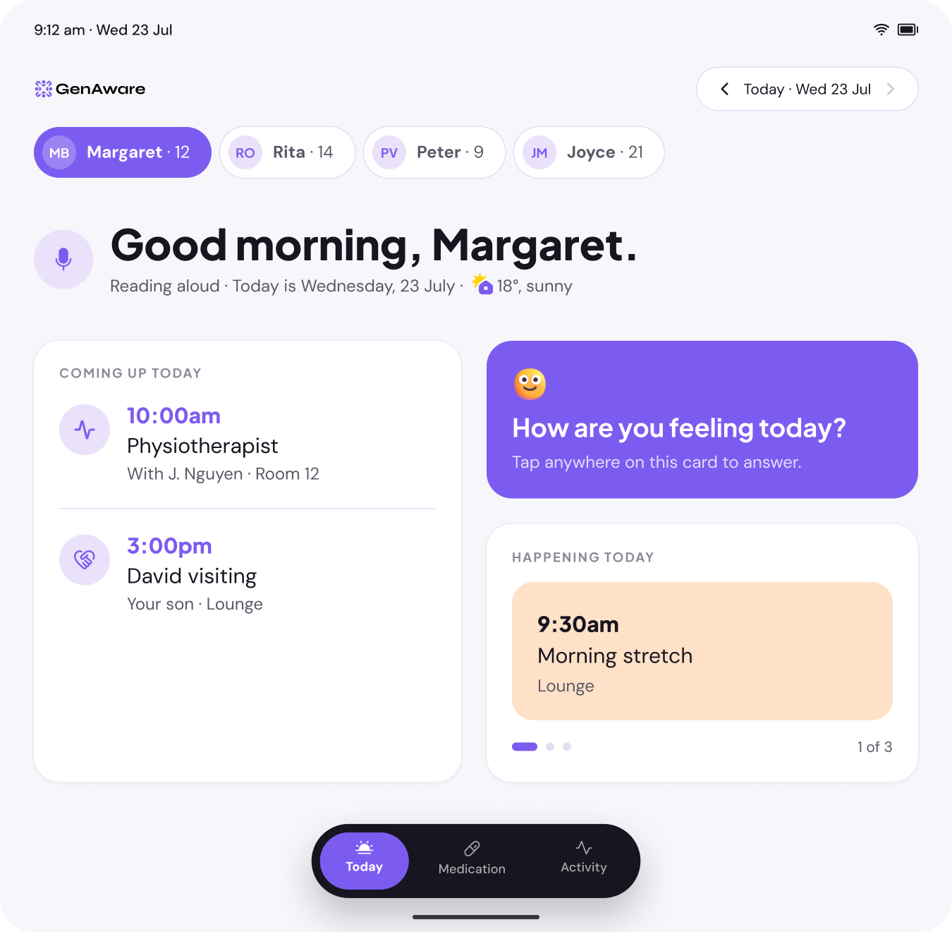 GenAware resident display showing Margaret's daily schedule and mood check-in