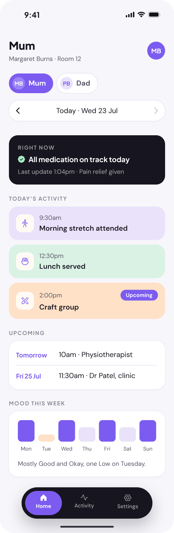 GenAware family app home screen with medication status and weekly mood